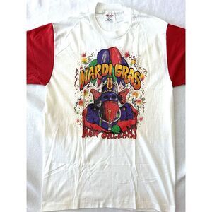 Mardi Gras T Shirt Vintage Single‎ Stitch Sz L Ringer Color block Red White USA
